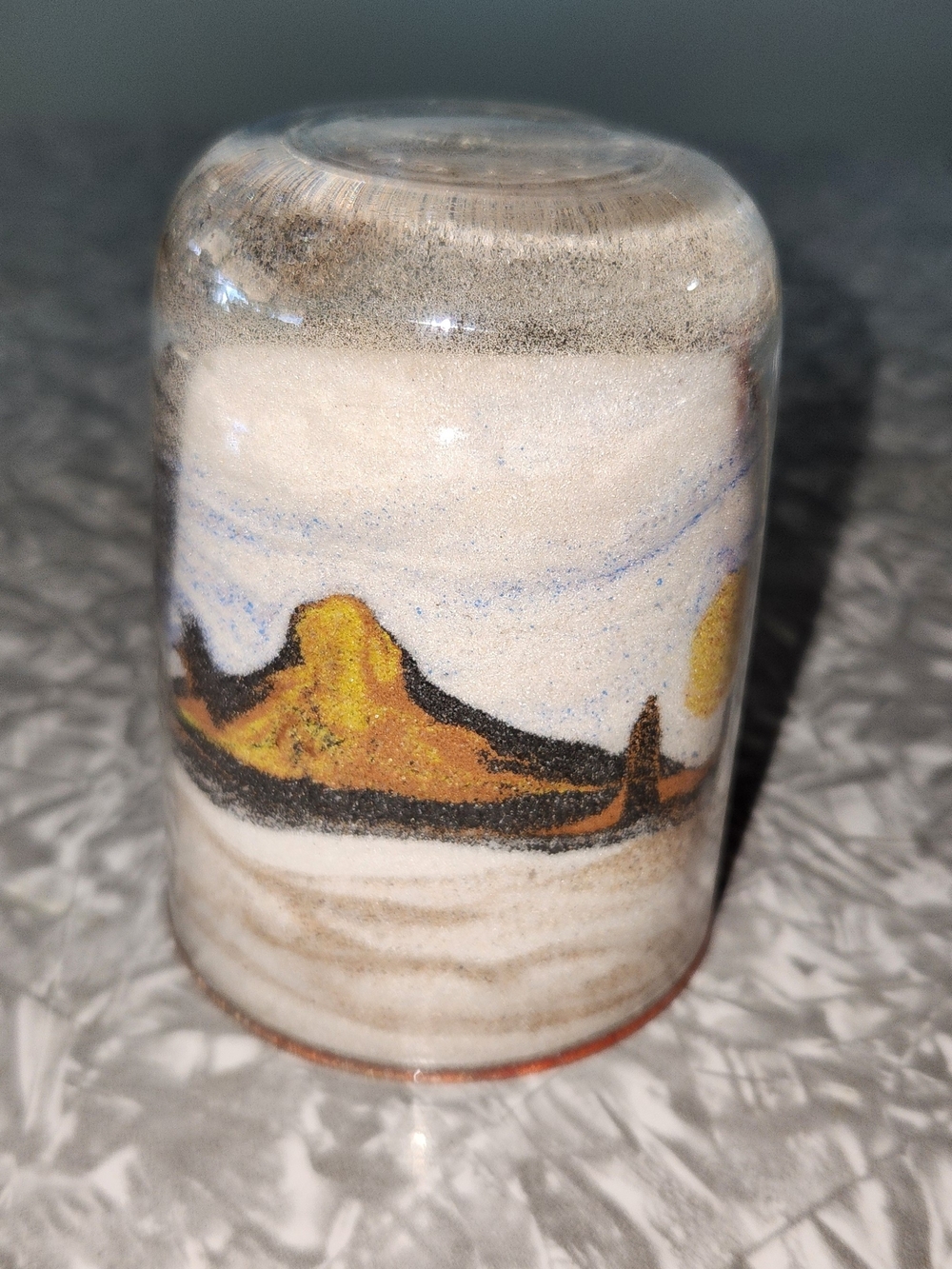 Source Unknown Yellow, Black and Blue Sand Art Desert Cylinder
